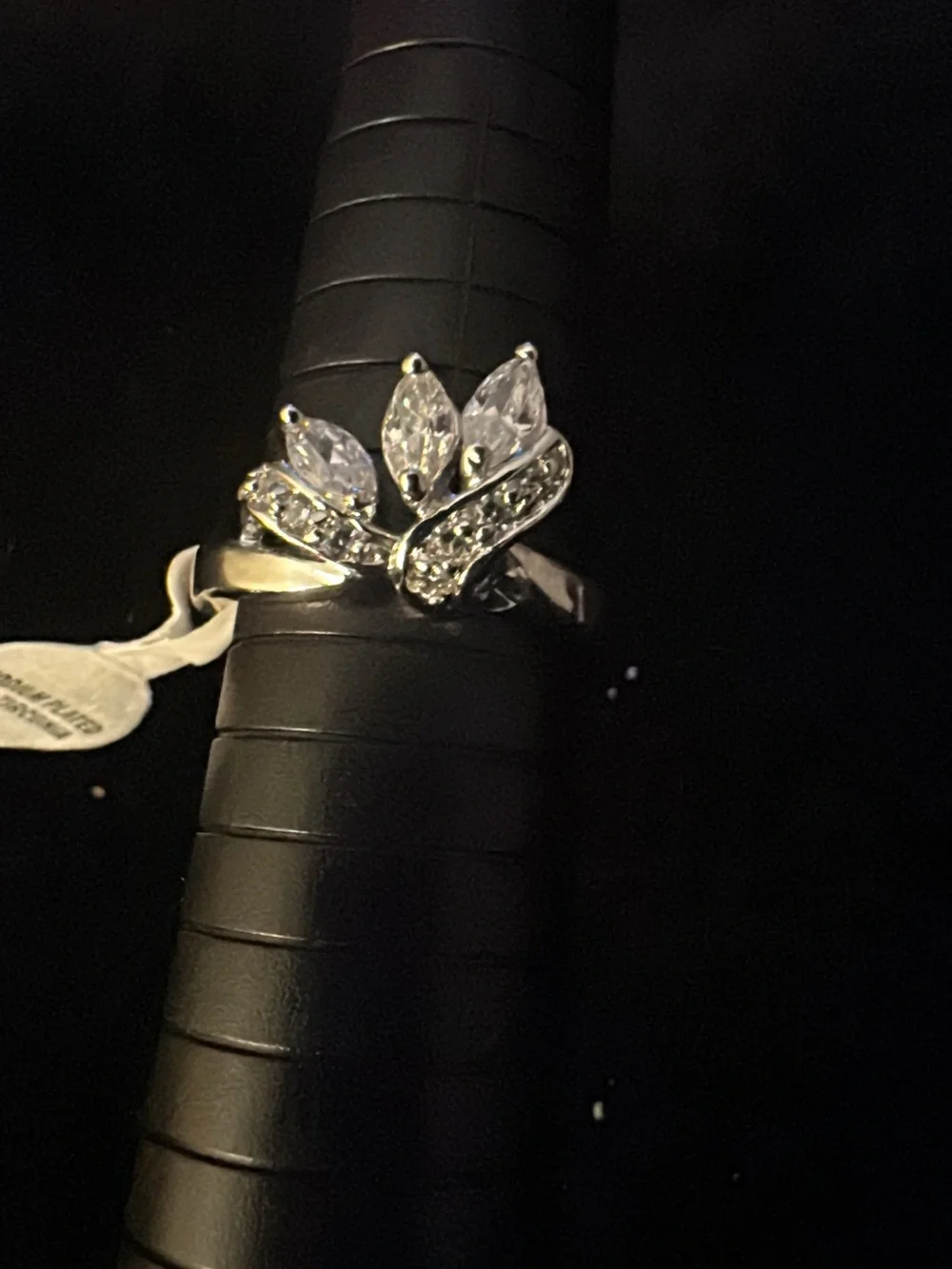 Rhodium Plated  with Cubic Zirconia Silver Crystal Leaf Ring - Clear Sparkle